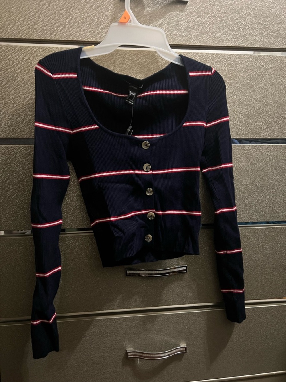 Forever 21 Navy Cropped Ribbed Long-Sleeve Top with Pink Stripes